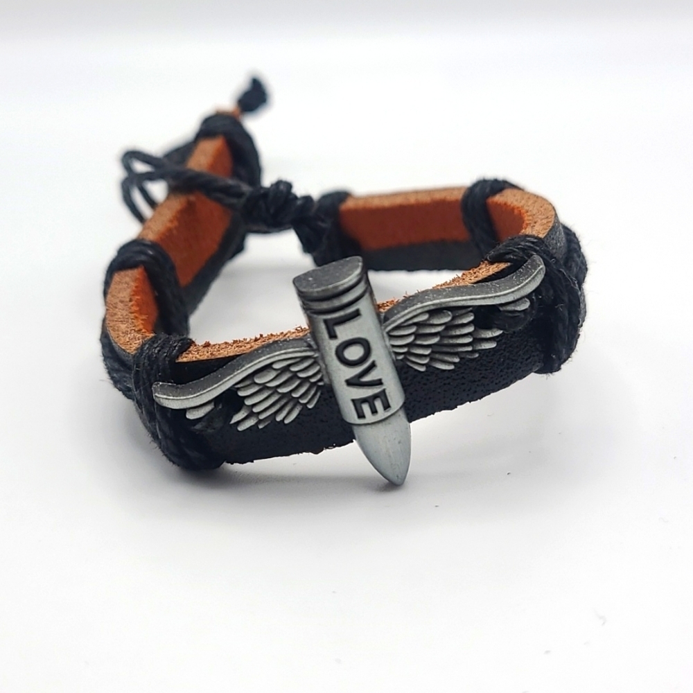 Cupid’s Silver Love Bullet Charm Leather Bracelet – Adjustable Slip Tie (NWOT)